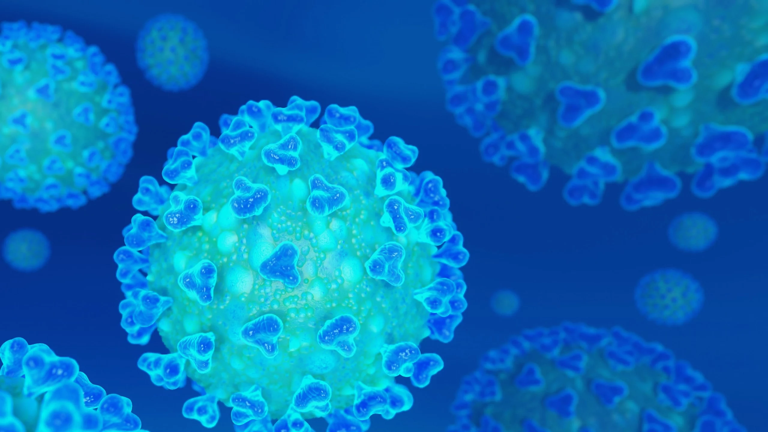 Mikroskopische Ansicht der COVID-19-Virusstruktur mit kronenartig angeordneten Oberflächenproteinen