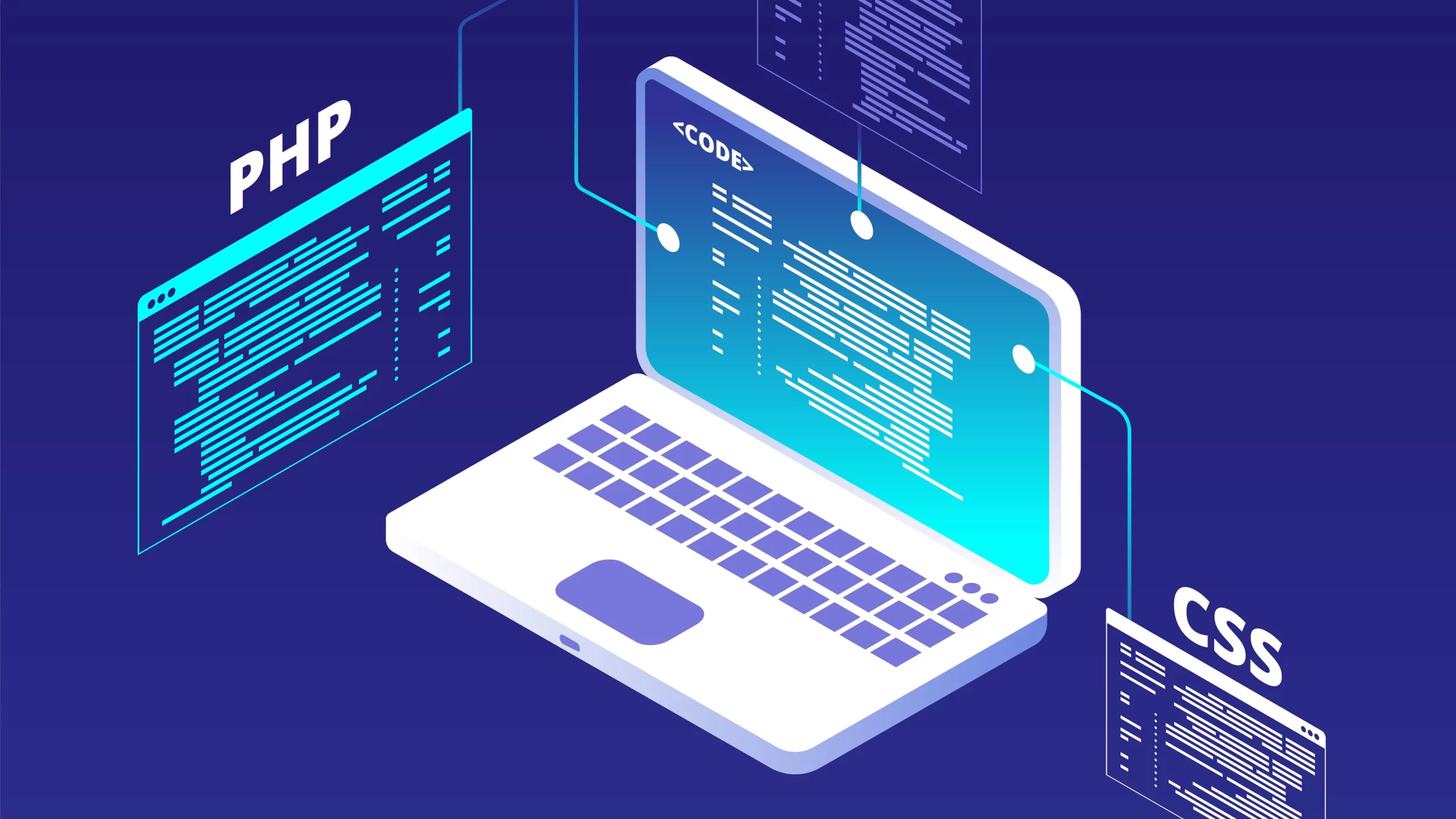 Moderner Laptop mit Codebearbeitungsbildschirm, umgeben von PHP- und CSS-Textpaneelen