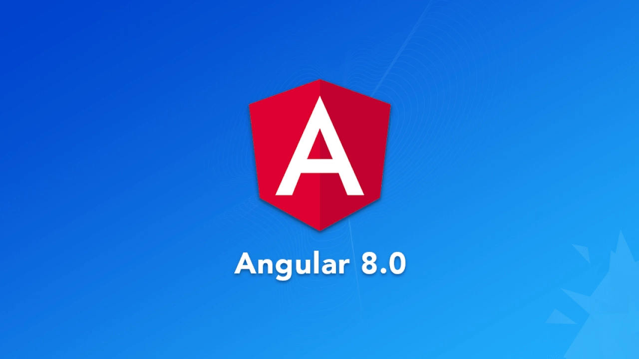 Logotipo de Angular 8.0 con escudo rojo y letra A blanca sobre fondo degradado azul