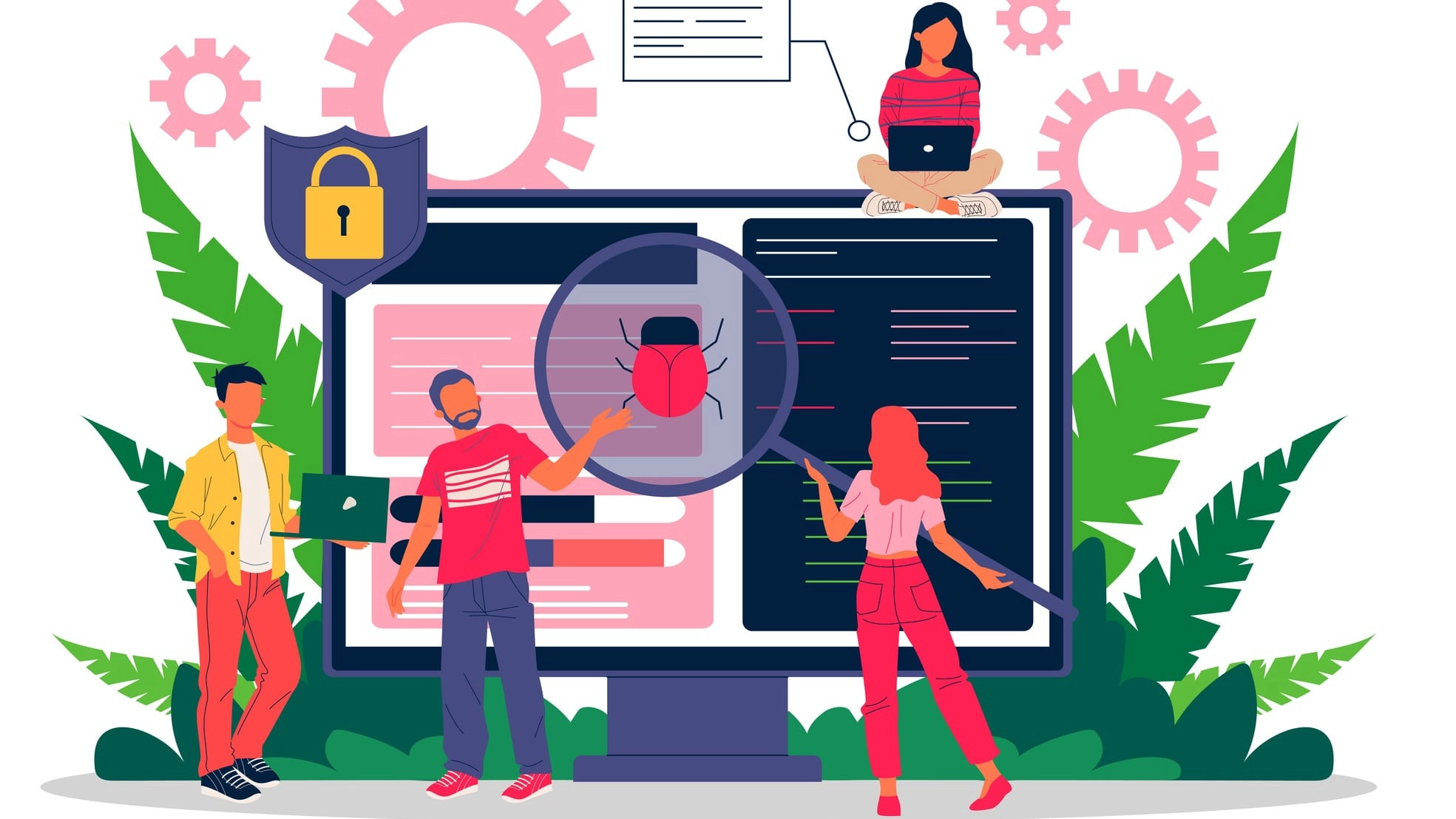 Entwickler-Team testet Software und findet Fehler auf einem großen Computerbildschirm