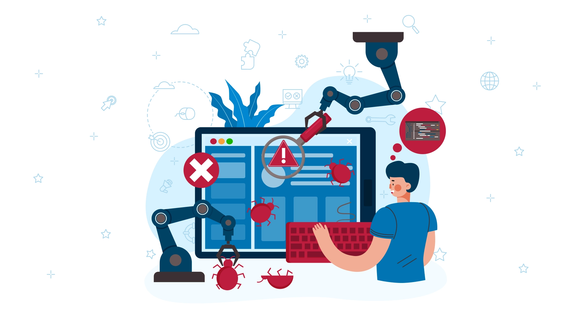 Entwickler am Computer mit Fehlersymbolen und Bugicons zur Softwaretestung