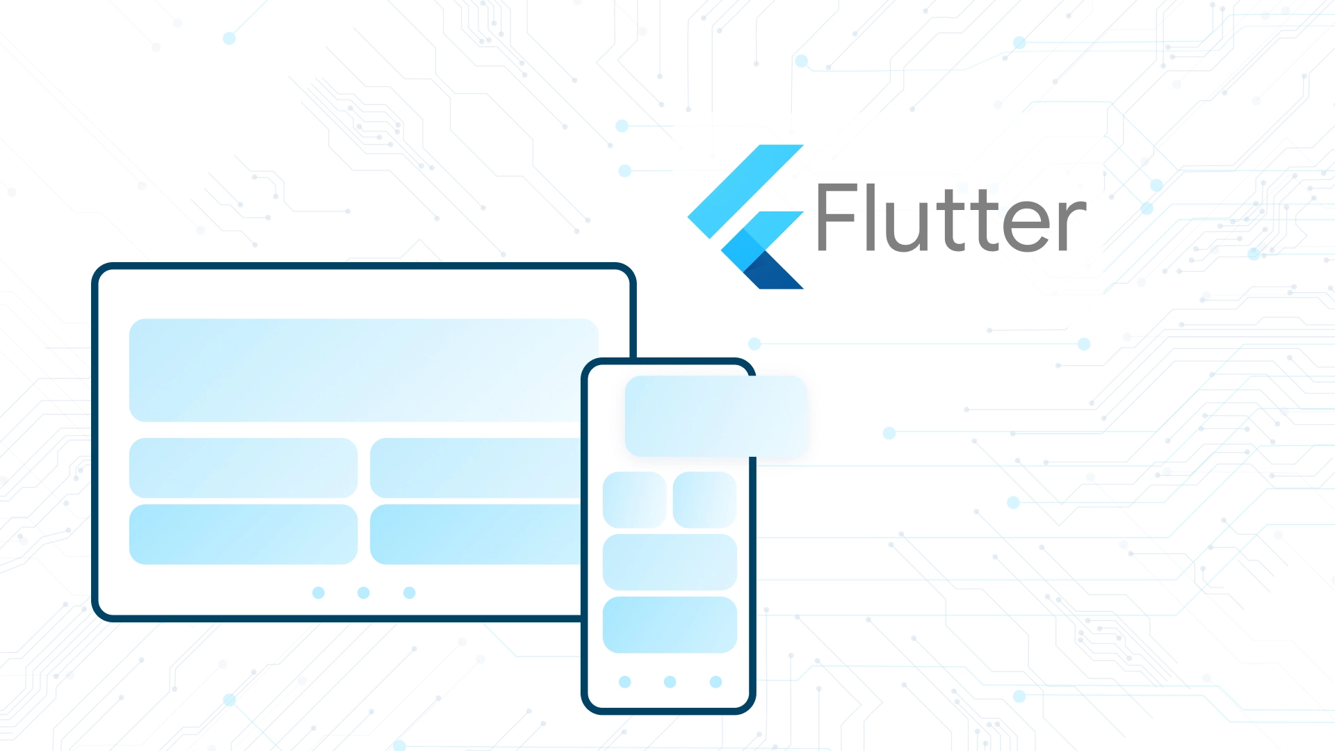 Flutter-Logo mit Tablet- und Mobilgerät-Mockups, die responsive App-Layouts zeigen