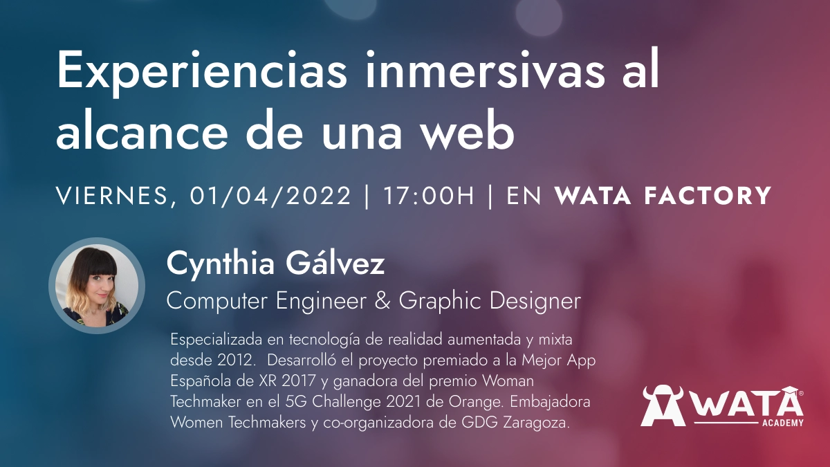 Veranstaltungsbanner mit Cynthia Gálvez, die über immersive Erlebnisse in der WATA Factory spricht