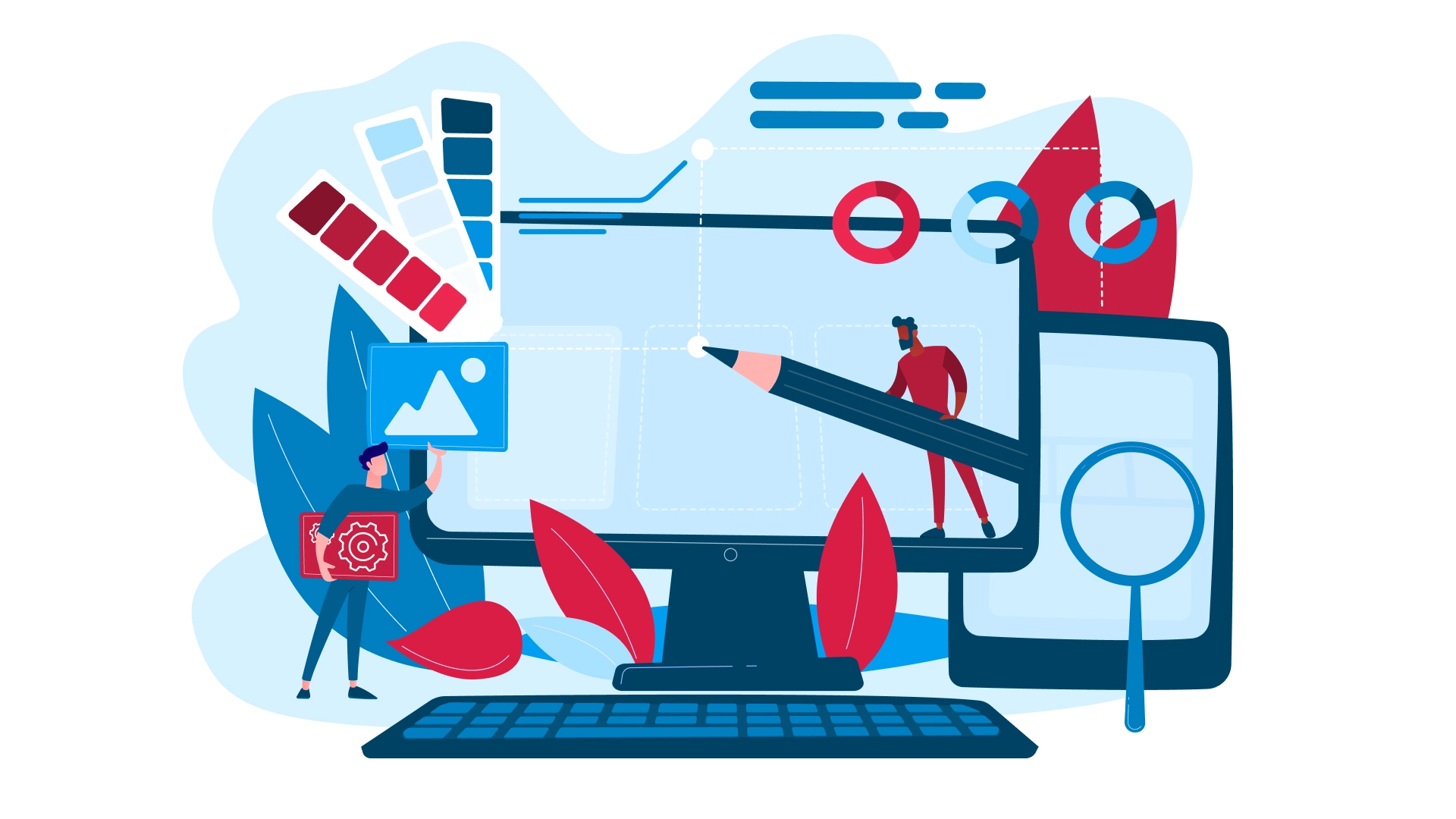 Digitale Designer arbeiten an Websitelayout mit Designelementen und Lupe