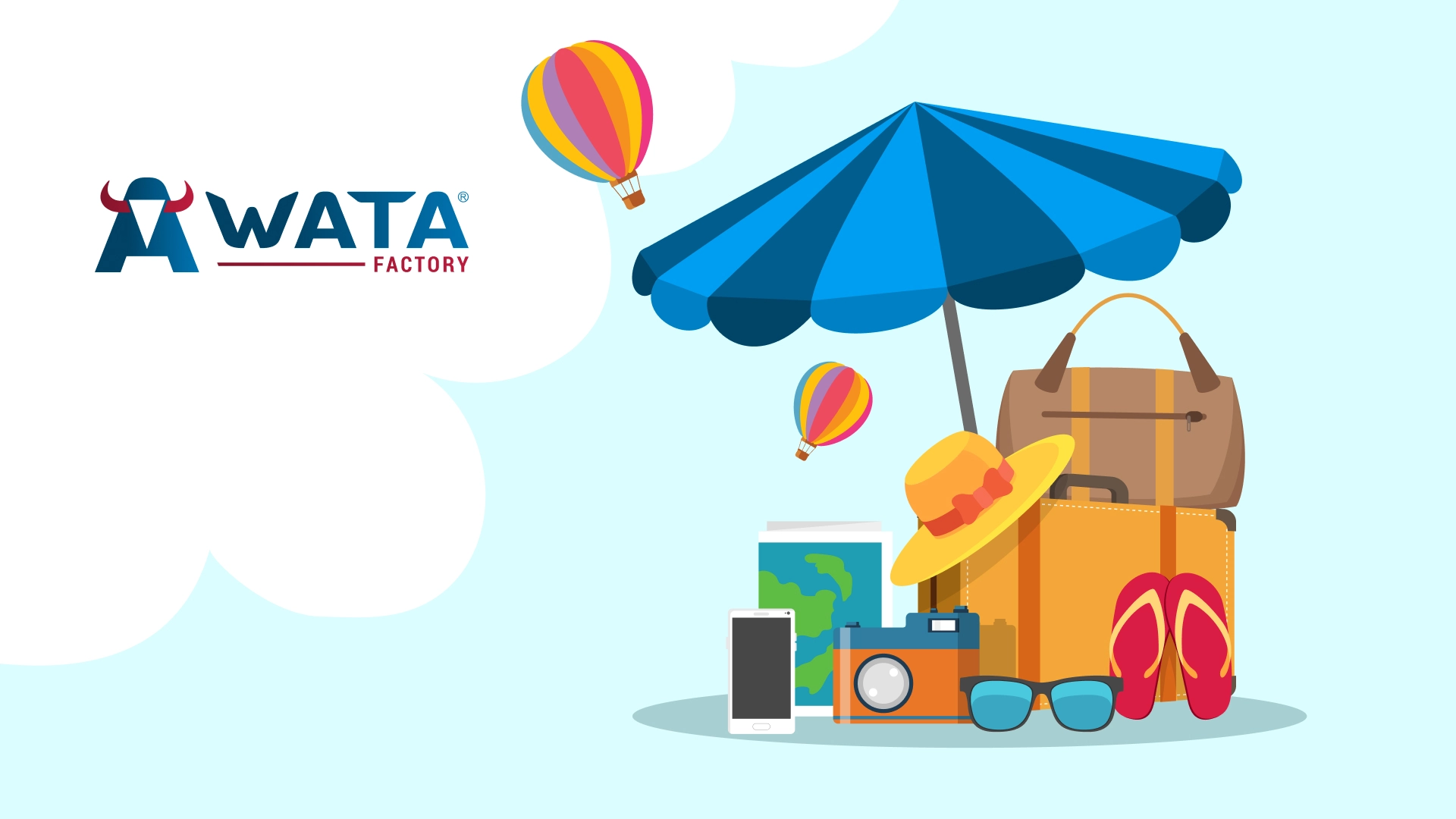 WATA Factory-Logo mit Reiseartikeln wie Gepäck, Regenschirm und Heißluftballons