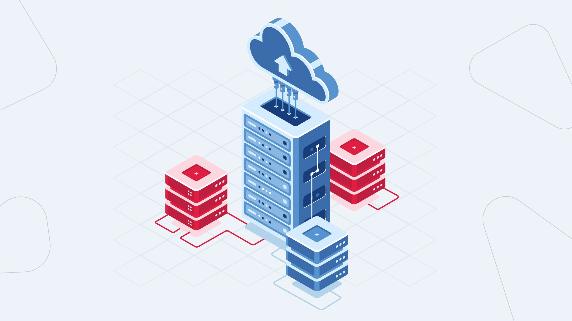 Isometrische Darstellung von Cloudservern und Datenbanken in einem Netzwerk-Infrastruktur verbunden.