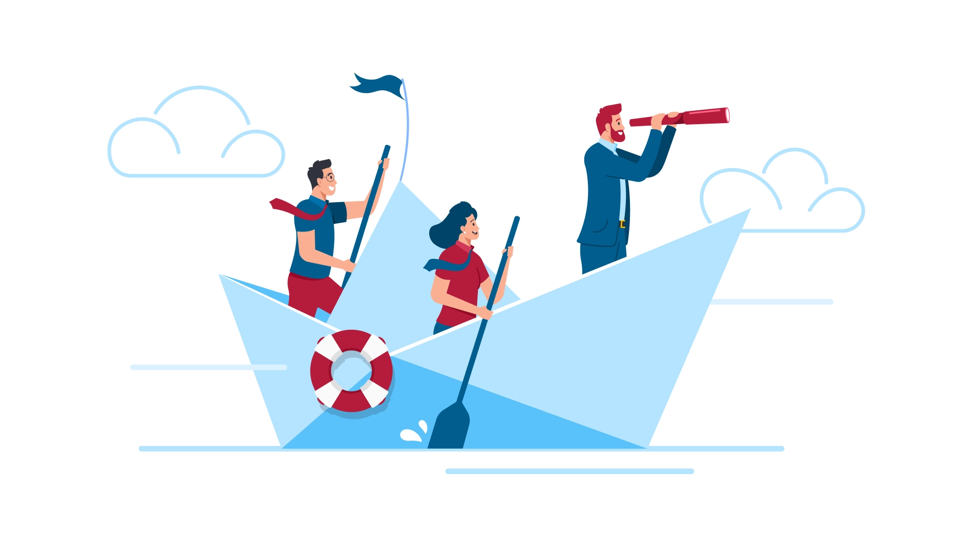 Geschäftsteam rudert Papierboot, während Anführer durch Teleskop nach vorne blickt