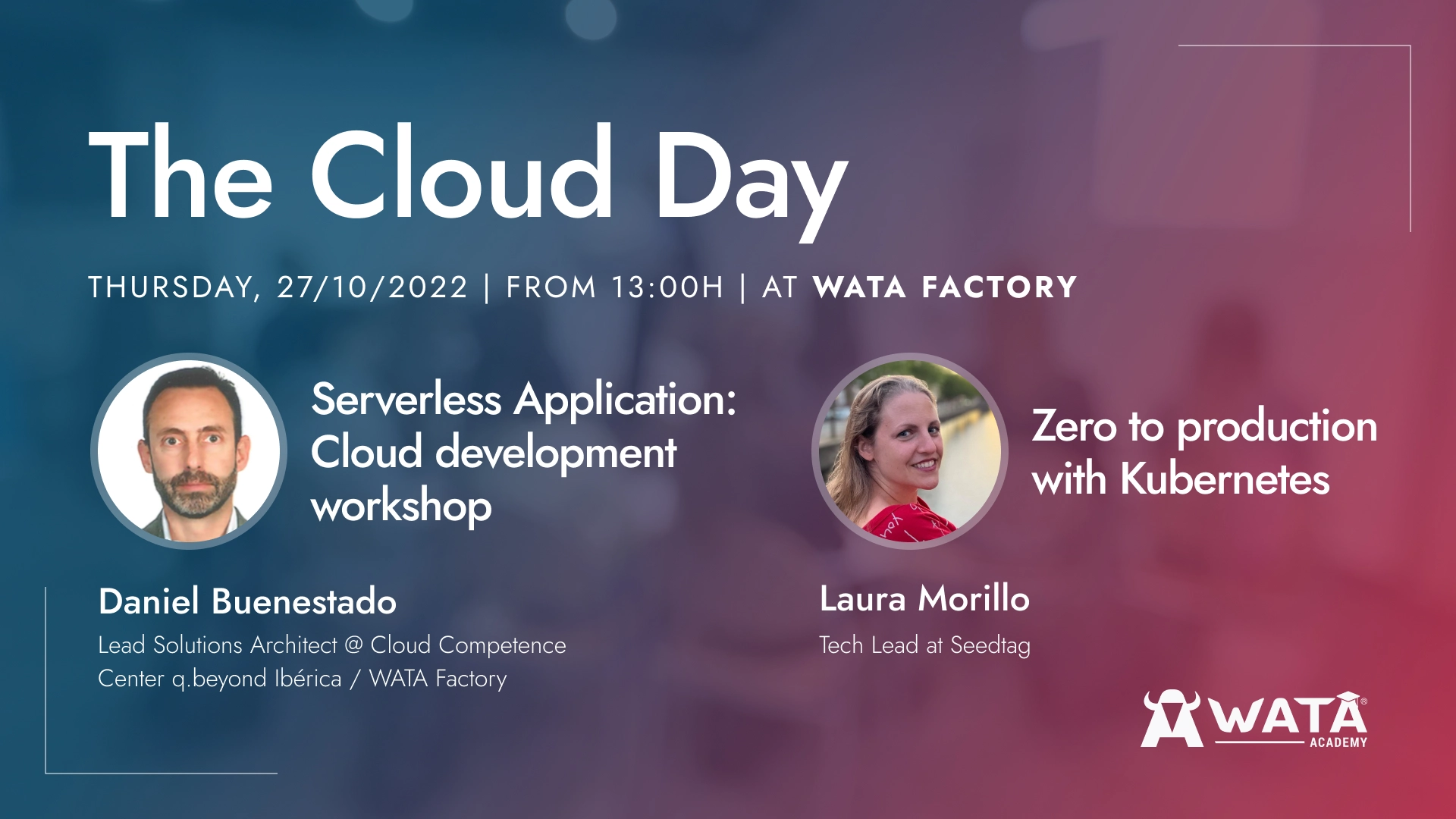 Veranstaltungsplakat für Cloud Day in der WATA Factory mit Daniel Buenestado und Laura Morillo