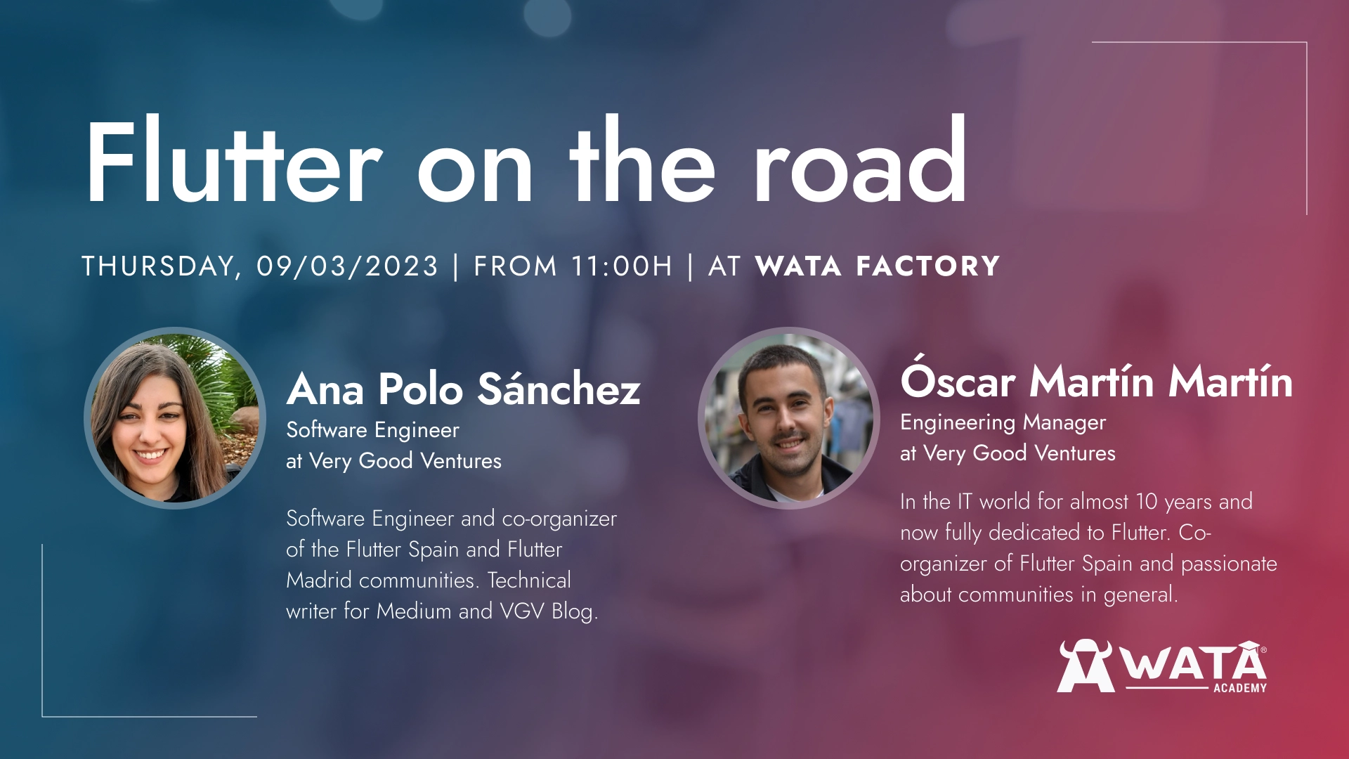 Cartel del evento Flutter on the Road con Ana Polo Sánchez y Óscar Martín Martín