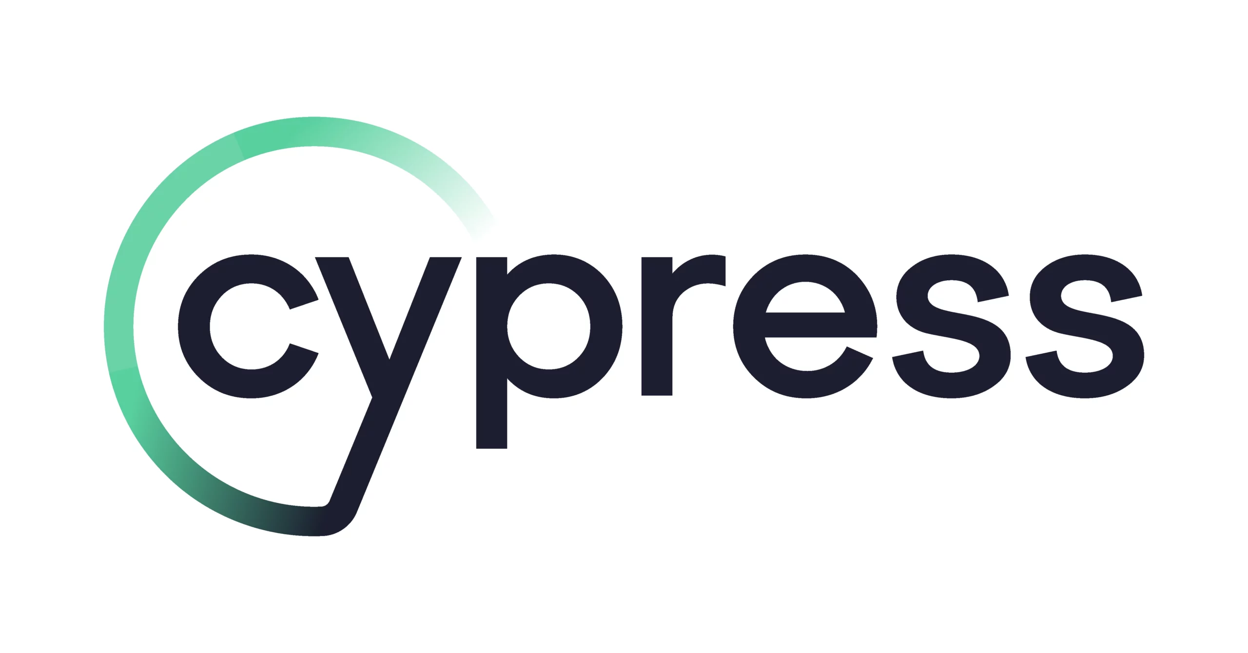 Cypress-Logo mit dunklem Text und grünem Kreisbogen-Design