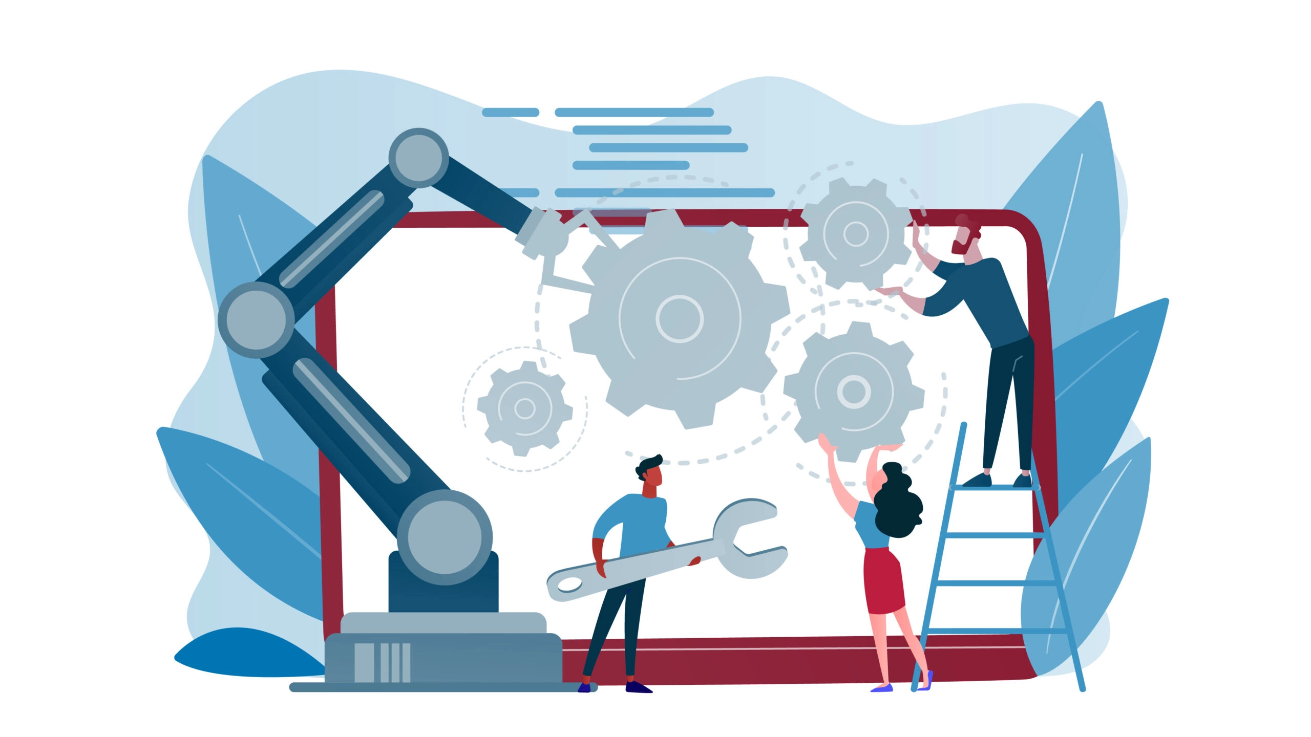 Team arbeitet mit Roboterarm, um Zahnräder auf digitalem Display anzuordnen