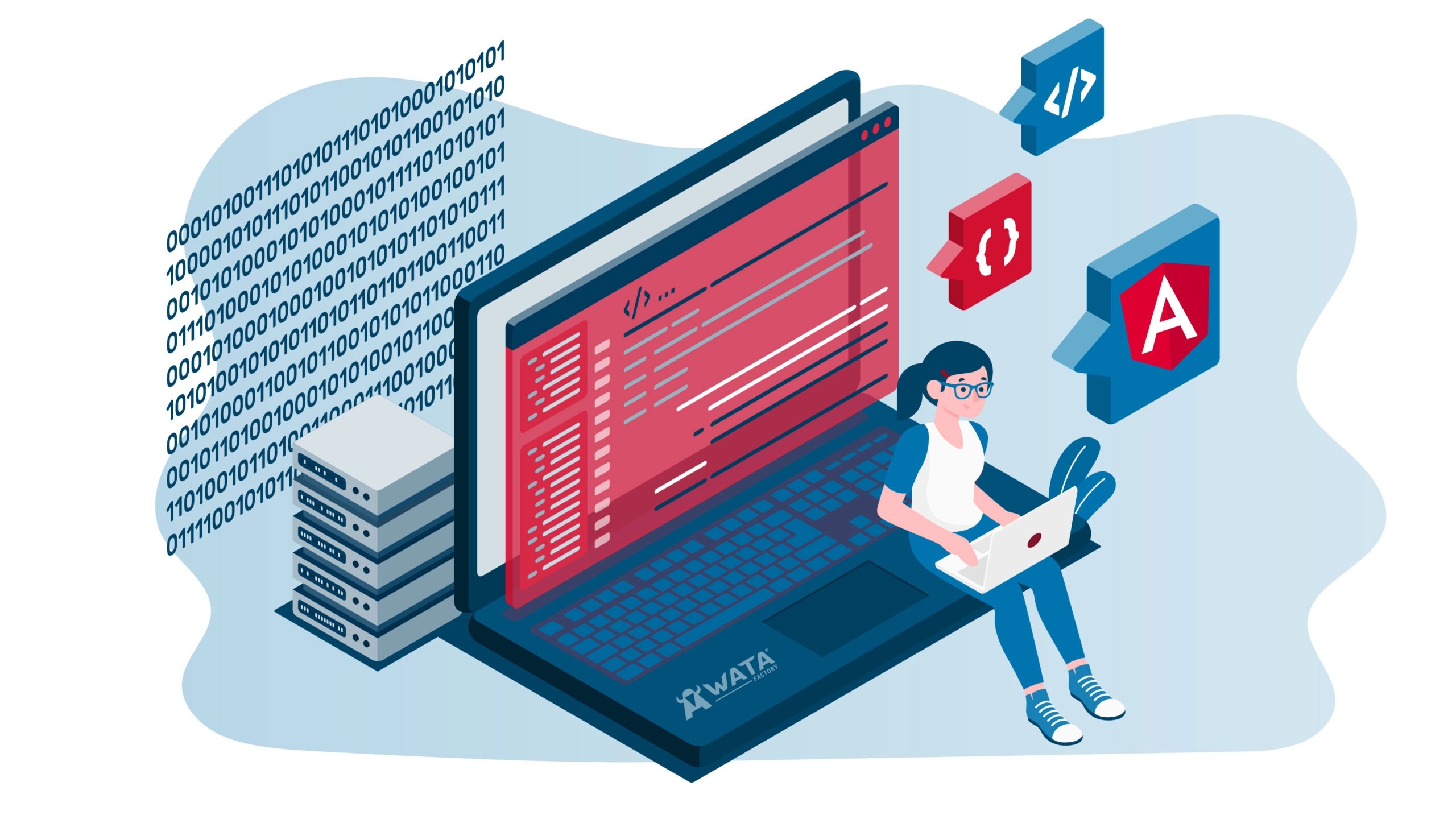 Desarrollador codificando en un portátil con iconos de lenguajes de programación y fondo de código binario