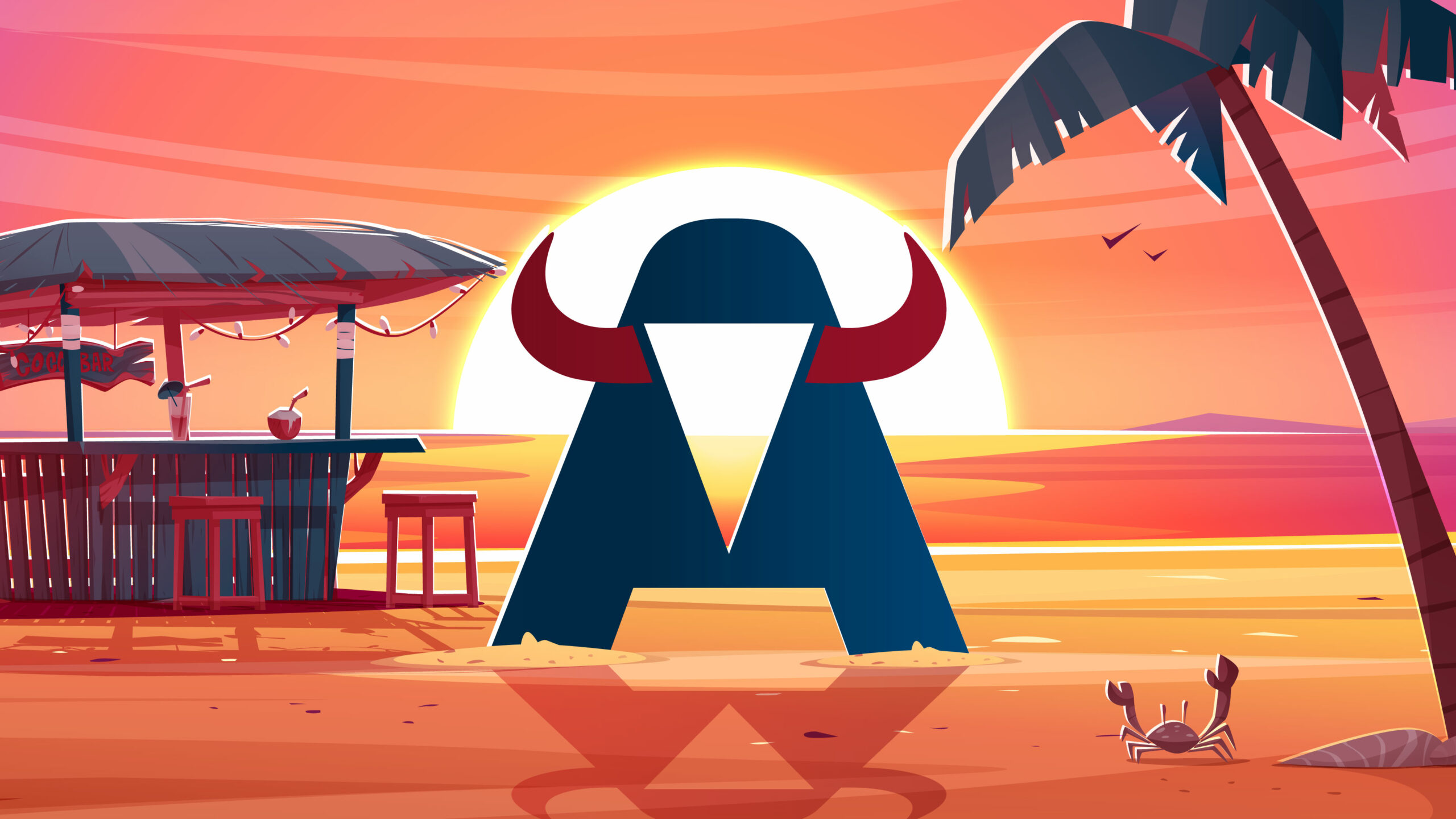 A stylised tropical beach scene at sunset featuring a large dark blue letter 'A' with red horns in the centrr.