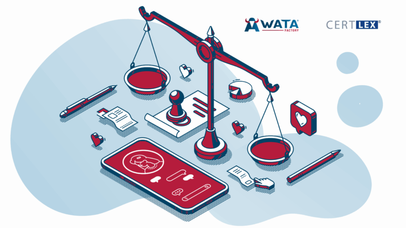 Illustrationen zum rechtlichen Compliance mit den Logos von WATA Factory und CertLex, als Zeichen ihrer technologischen Zusammenarbeit.