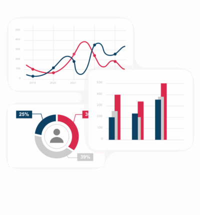 Illustration mit Linien- und Balkendiagrammen und Benutzeroberfläche – steht für Datenanalyse in WATA Factory-Projekten