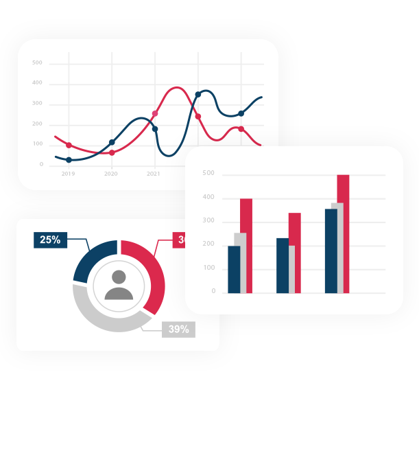 Ilustración con gráficos de líneas y barras y panel de usuario, que representa el análisis de datos en proyectos de WATA Factory