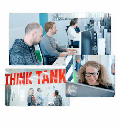Fotocollage des WATA Factory-Teams bei der Arbeit in einem modernen Büro mit sichtbarem 'THINK TANK'-Schild