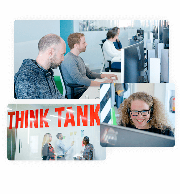 Collage fotográfico del equipo de WATA Factory trabajando en oficina moderna, con cartel 'THINK TANK' visible