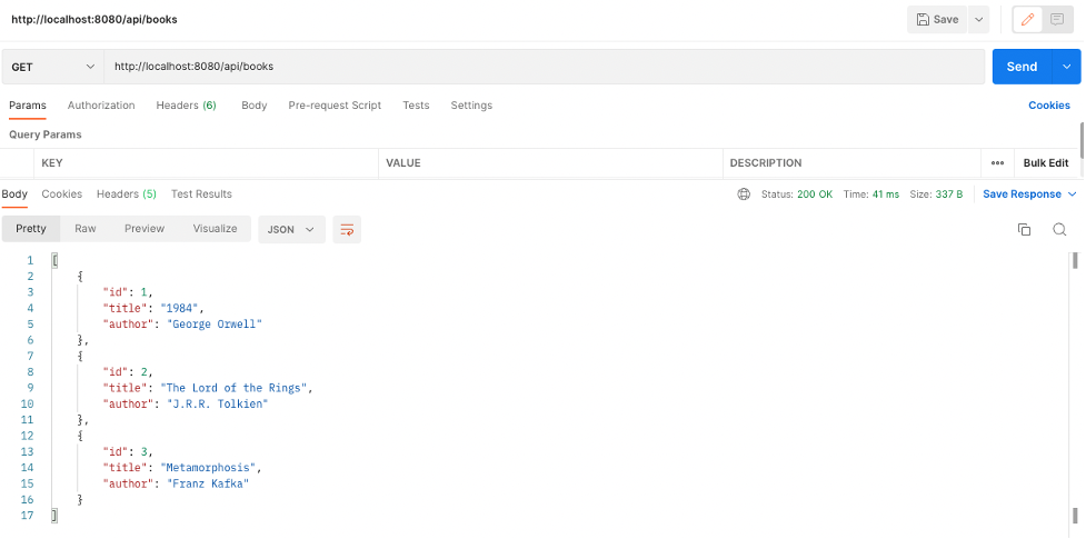 Postman application interface sending a GET request to a Spring Boot REST API endpoint to retrieve a list of all books from the backend