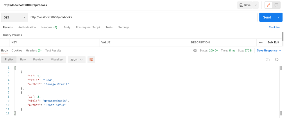 Postman used to test a Spring Boot REST API by sending a GET request to fetch all book records, displaying the JSON response in the interface