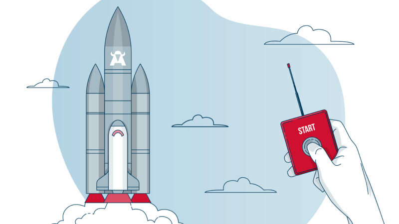 Illustration einer Rakete, die kurz vor dem Start steht, mit dem Logo von WATA Factory, die den gut geplanten Beginn eines Softwareprojekts vor dem Entwicklungsstart darstellt.