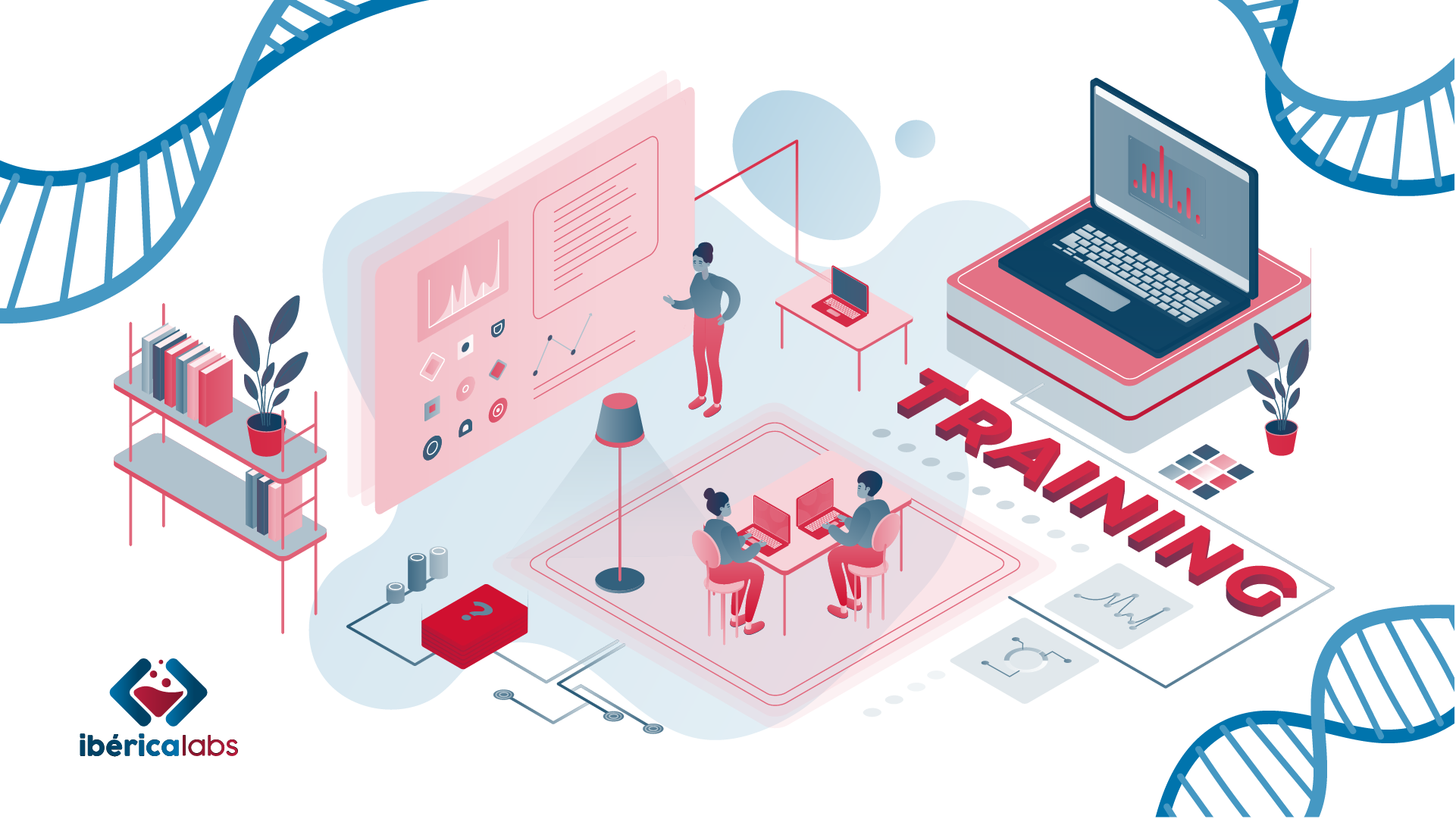 Illustration des Programms von Ibérica Labs mit verschiedenen Arbeitsphasen, praktischen Sitzungen und Gruppendynamiken zum Lernen und Ideenaustausch.