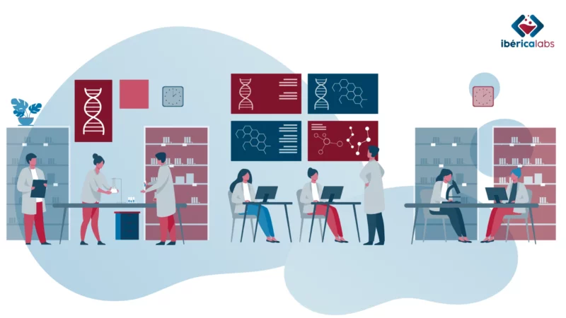 Illustration eines technologischen Labors mit arbeitenden Wissenschaftlern, symbolisiert WATA Factorys Ibérica Labs.