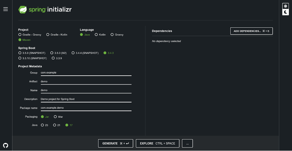 Screenshot showing the Spring Boot interface for creating a new project, including configuration options like project metadata, dependencies, and build tools
