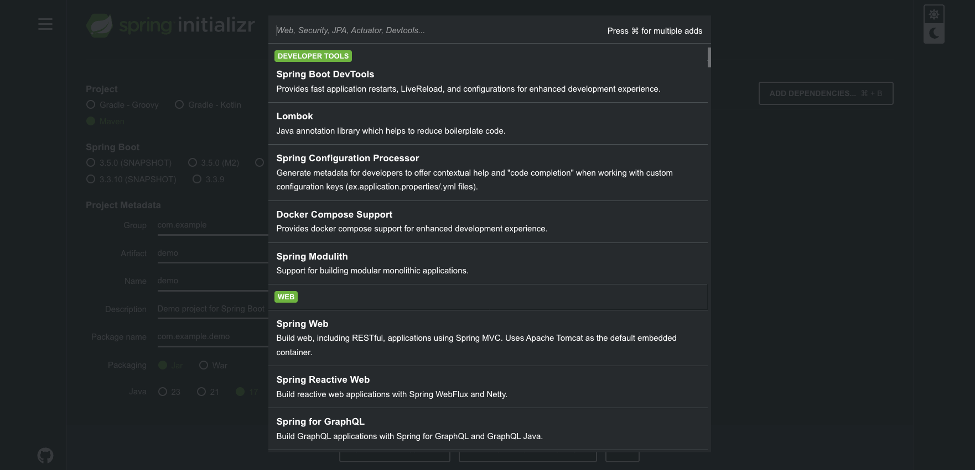 Screenshot of the Spring Boot dependency selection page, where users choose libraries like Spring Web, Spring Data JPA, and H2 Database for their project