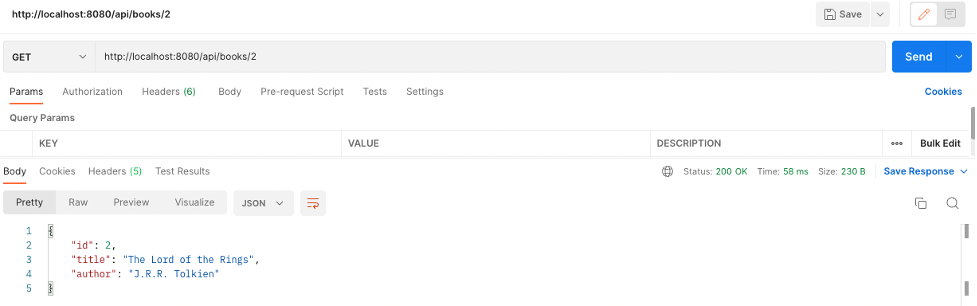 Postman interface displaying the result of a GET request to a Spring Boot REST API endpoint that returns the details of a single book by ID