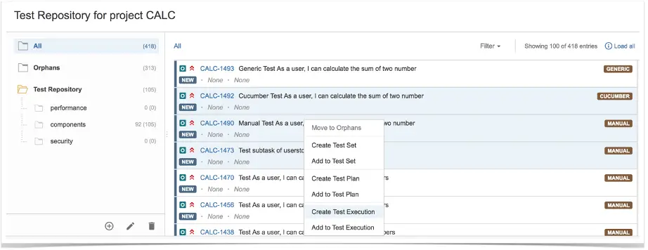 Test Repository de Xray para proyecto Calculator, jerarquía de carpetas de tests.
