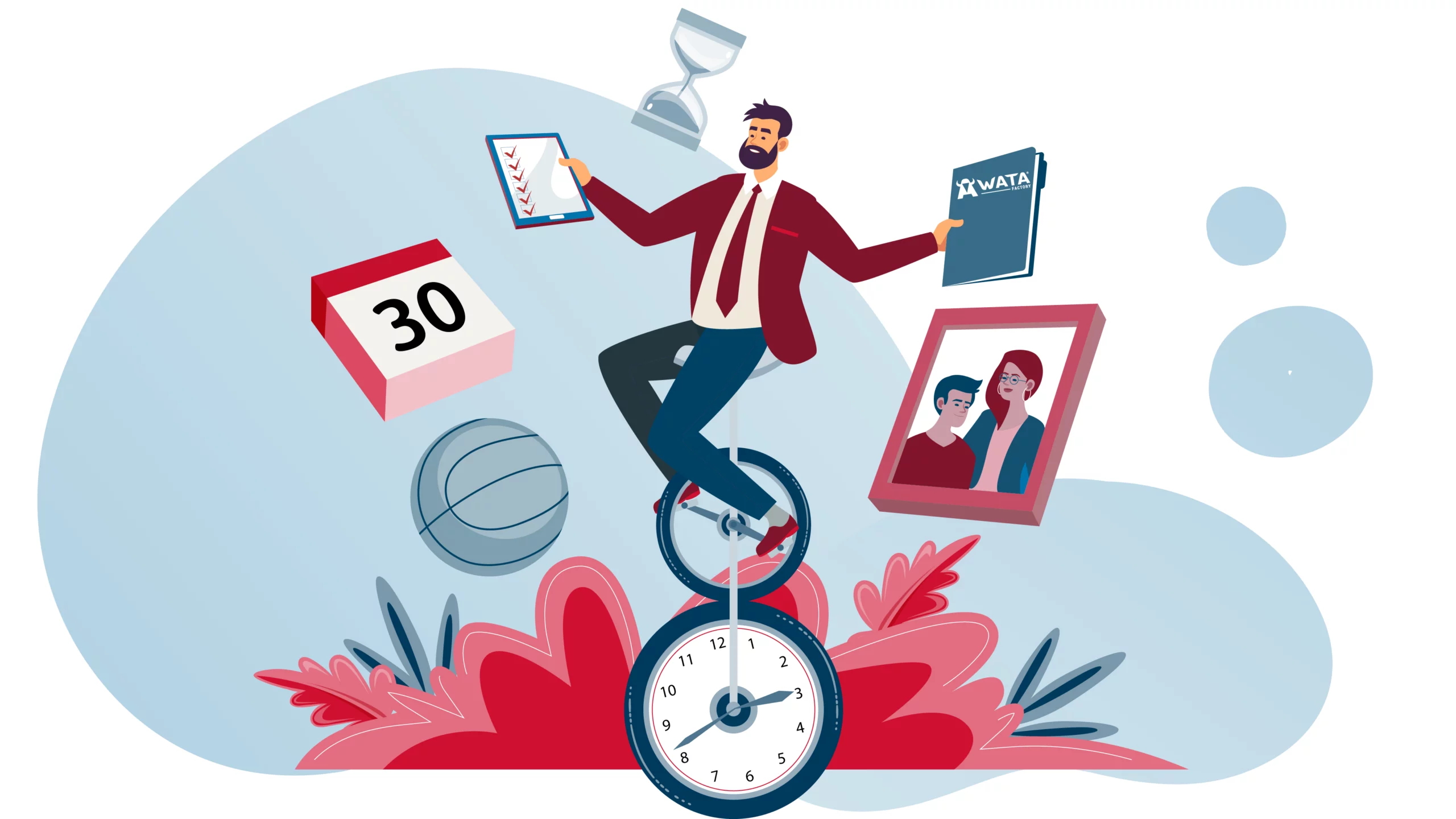 Ilustración de un hombre con traje de chaqueta haciendo malabares con un calendario, su familia y sus hobbies, representando el equilibrio entre trabajo y vida personal.