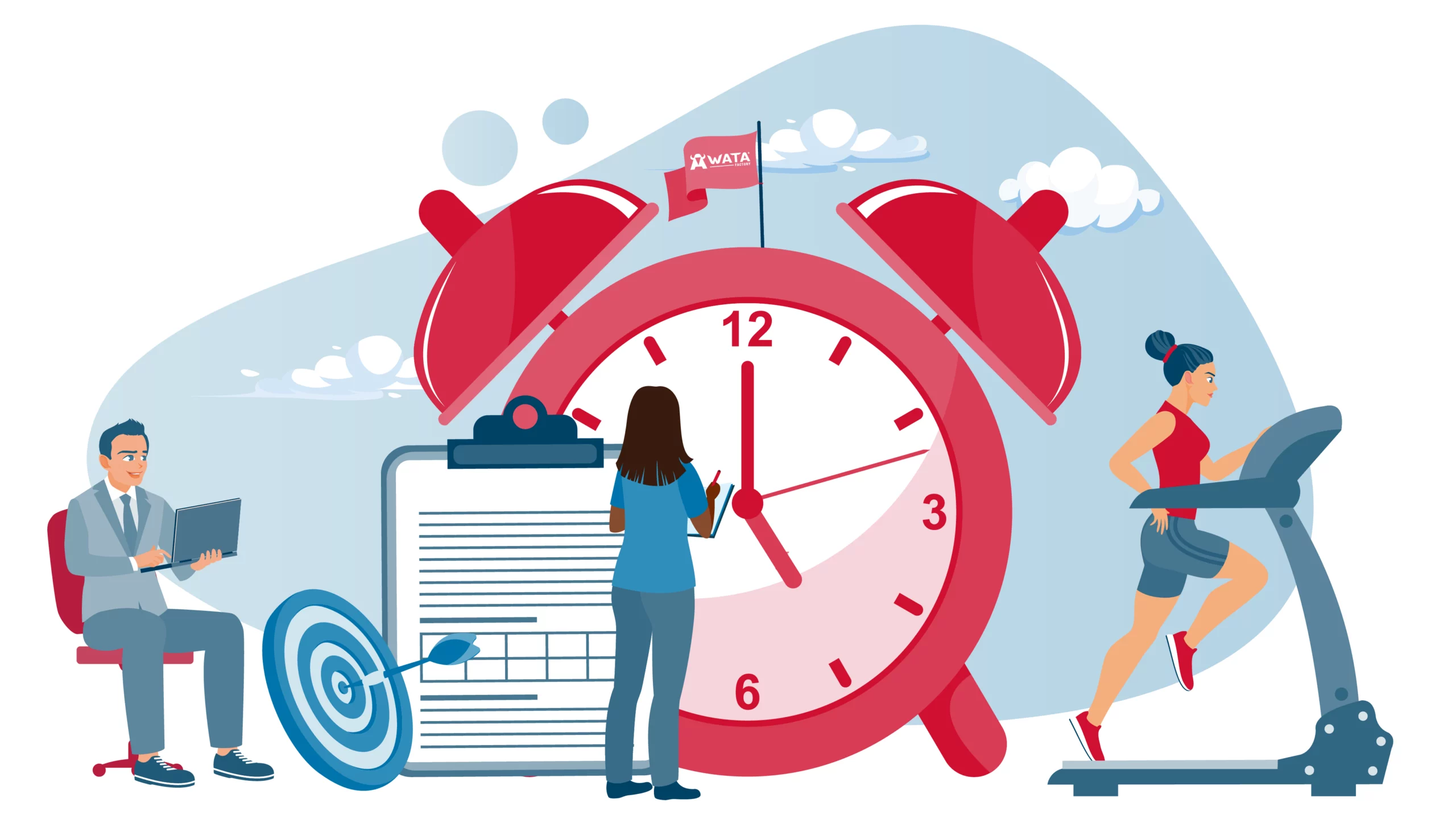 Illustration eines Teams, das seine Zeit frei um eine große Uhr herum gestaltet und verschiedene Aktivitäten ausführt, symbolisiert flexibles Arbeiten.