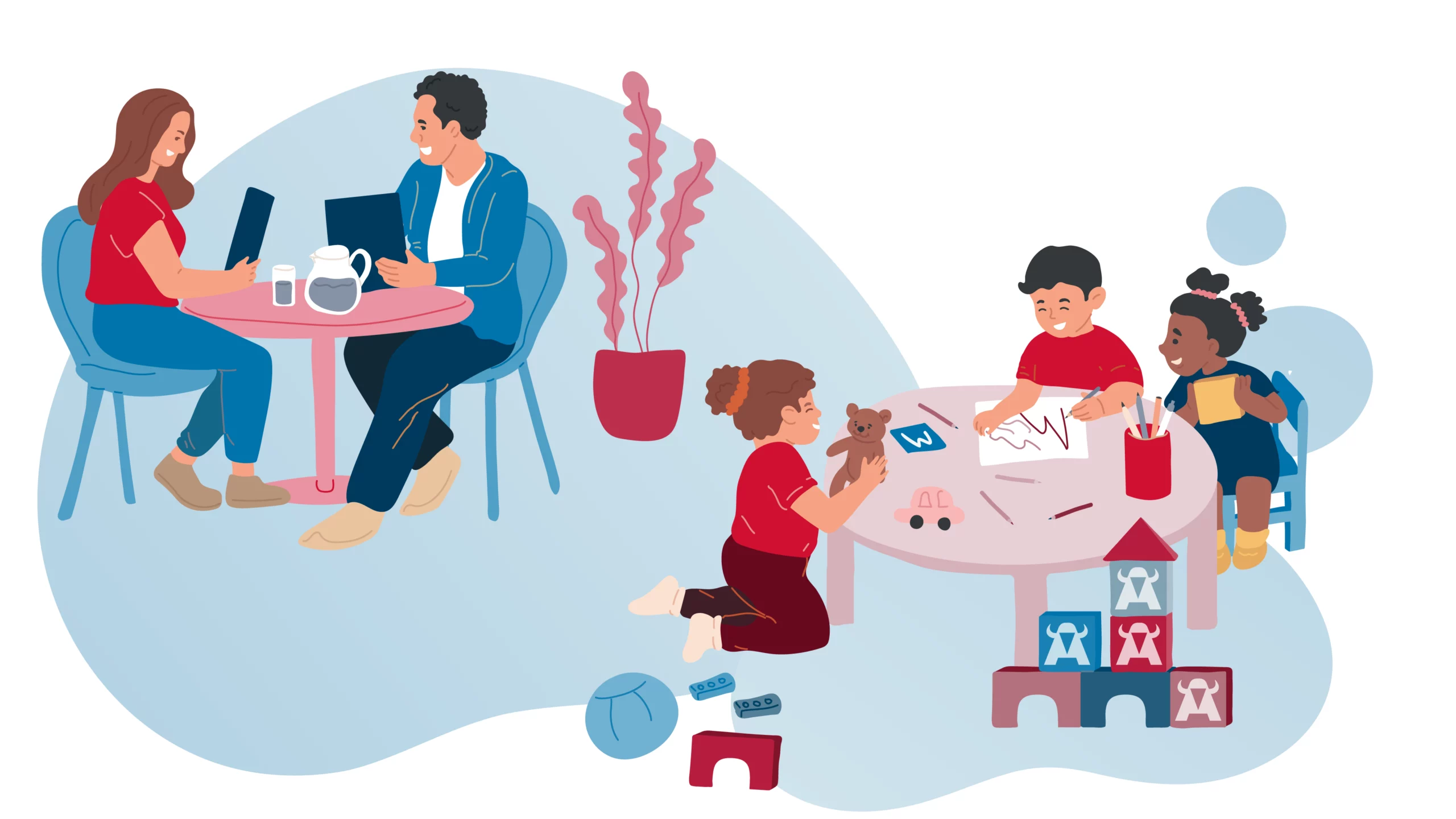 Illustration von Eltern, die an einem Tisch arbeiten, während ihre Kinder getrennt spielen – Symbol für Work-Life-Balance durch Kinderbetreuung.