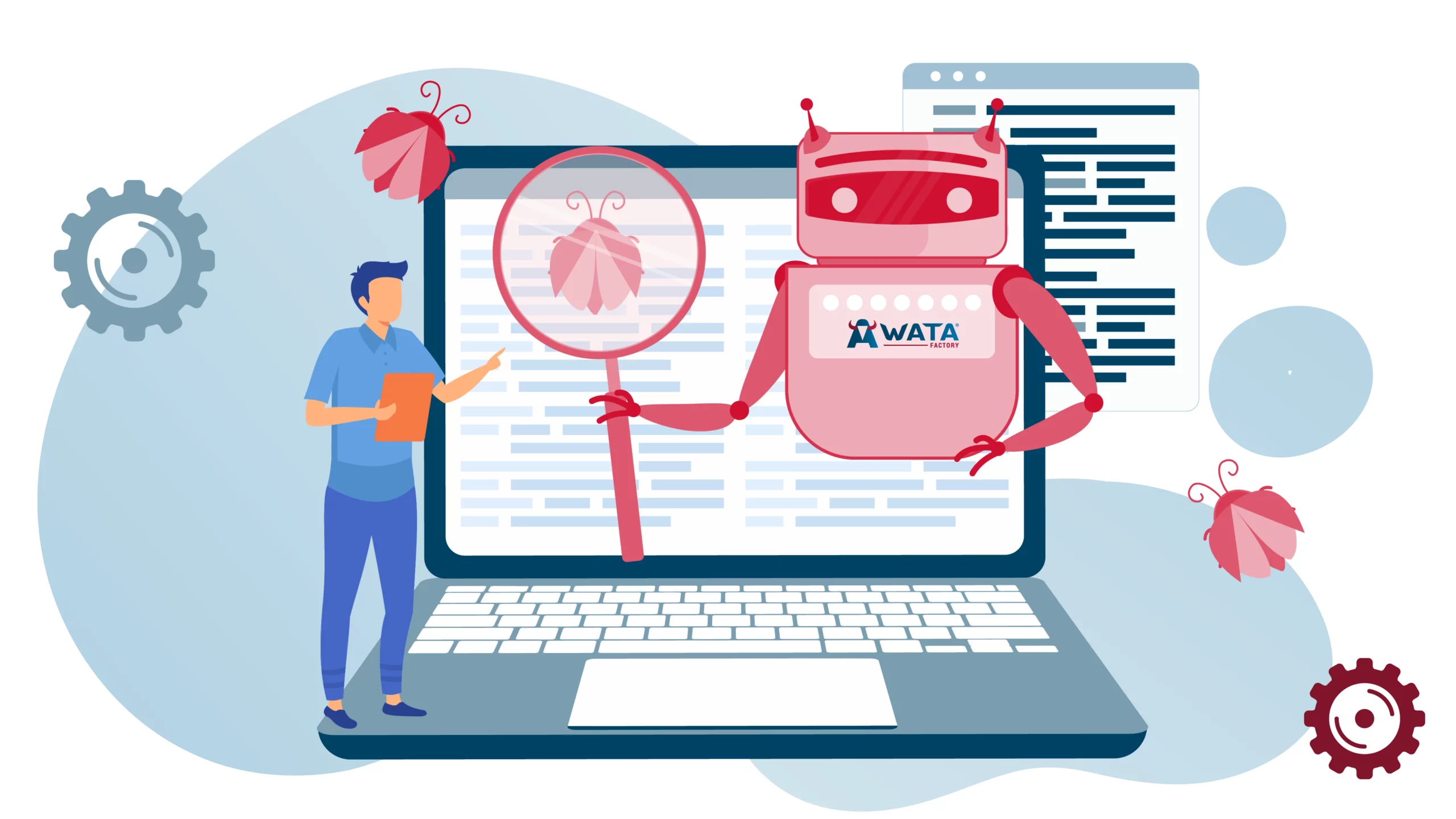 Robot identificando bugs en la pantalla de un ordenador mientras una persona observa, simbolizando la colaboración entre automatización y supervisión humana.