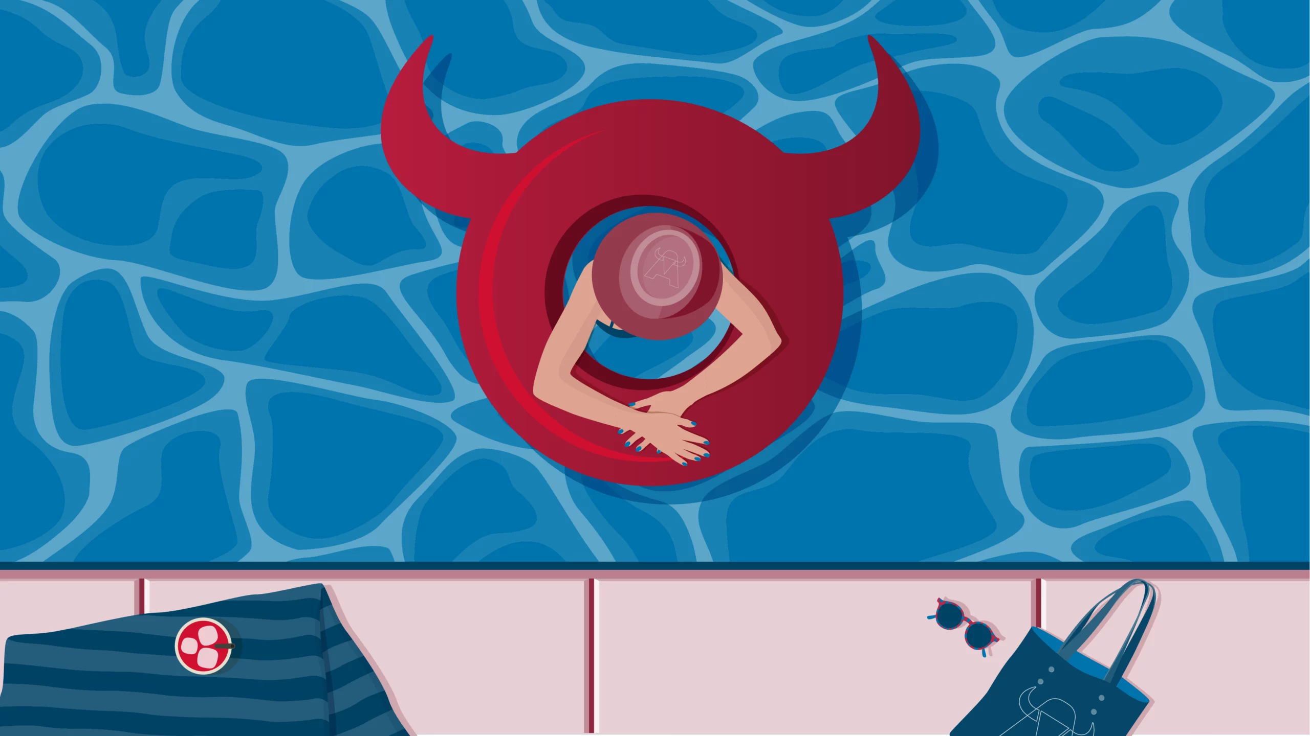 Ilustración de una mujer flotando en una piscina sobre un flotador con los cuernos del logo de WATA Factory.