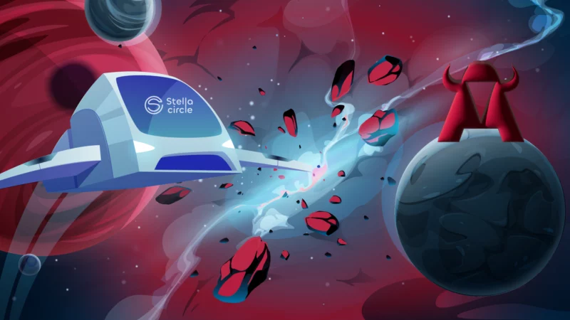 Space train with the Stella Circle logo speeding through a meteor explosion towards a planet with the WATA Factory logo, set against a starry galactic background.
