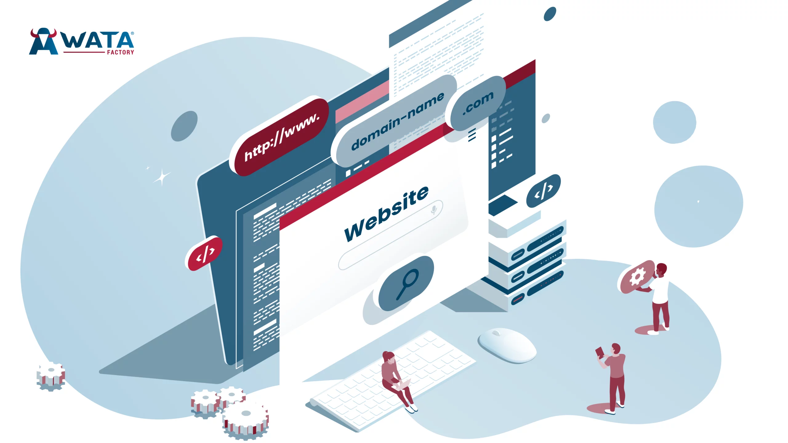 Vektorillustration von Servern und Domains, die zeigt, wie Docker schnelle und konsistente WordPress-Umgebungen bei WATA Factory ermöglicht.