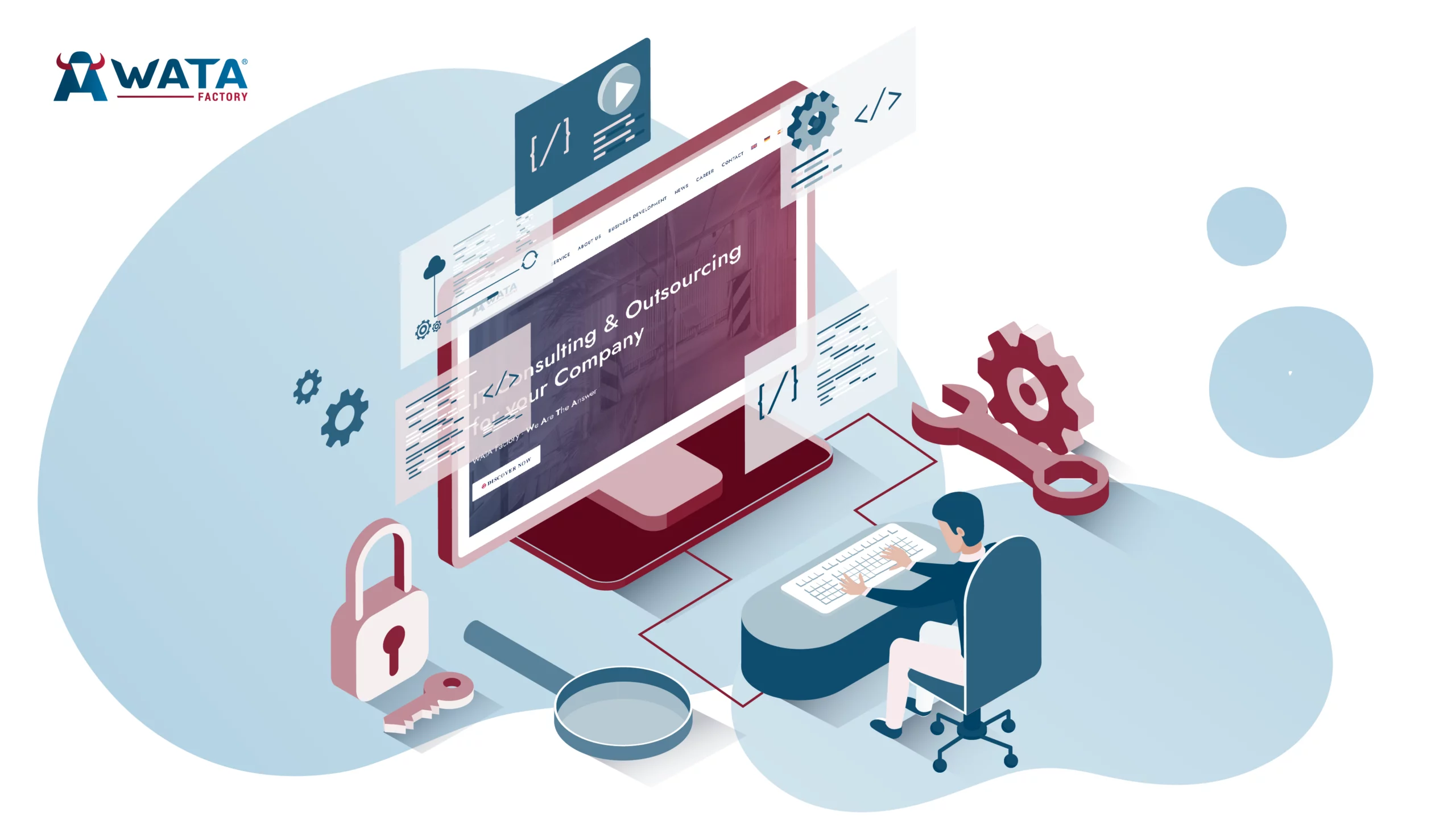 Vektorillustration eines Programmierers mit Computer und Zahnrädern, die die fortgeschrittene WordPress-Entwicklung und Optimierung mit Docker bei WATA Factory darstellt.