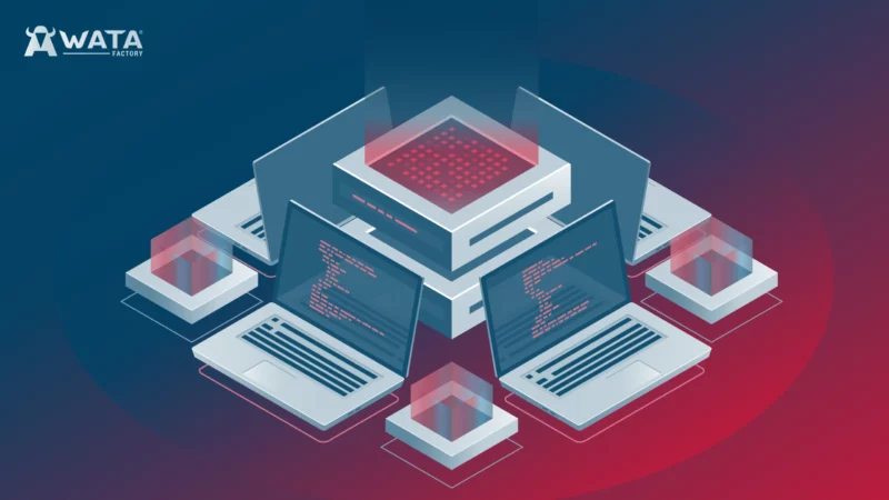 Ilustración vectorial de ordenadores conectados a un servidor central, representando la orquestación de aplicaciones con Kubernetes en el All Hands de WATA Factory.