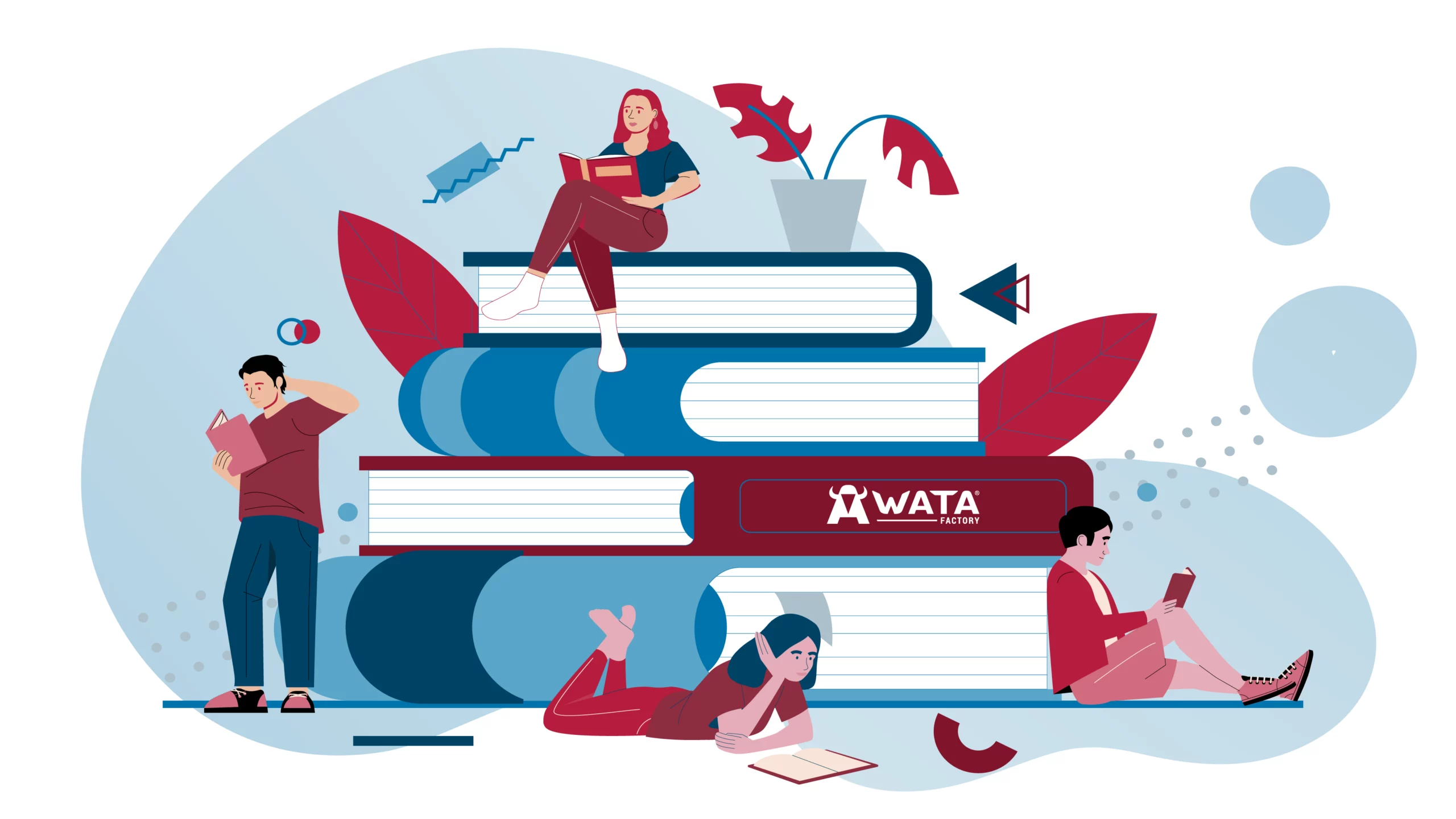 Illustration von mehreren Personen, die mit Büchern aus der WATA Factory Bibliothek lesen und lernen.