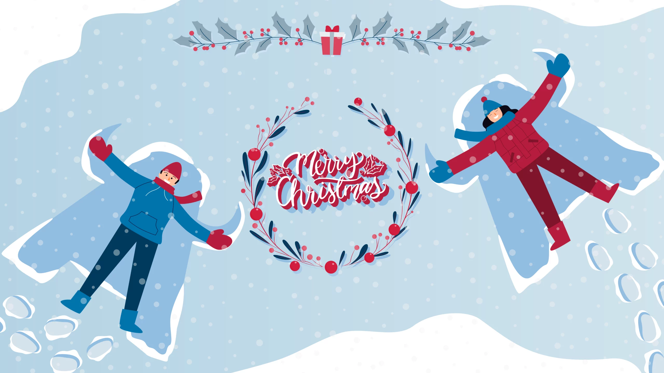 Man in blue and woman in red making snow angels that create the horned WATA Factory isologo, with Merry Christmas message in the center.
