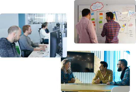 Collage de cuatro escenas de lugar de trabajo que muestran equipos diversos colaborando: desarrolladores codificando en estaciones de trabajo, miembros del equipo en una reunión de pie revisando código en un monitor y colegas teniendo discusiones en una mesa de conferencias.