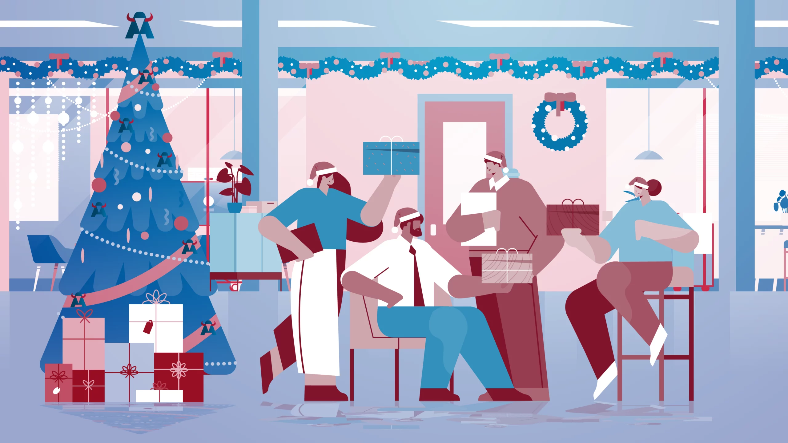 Team feiert das weihnachtliche All Hands im Büro mit geschmücktem Baum, Wichtelgeschenken und einer festlichen, gemeinschaftlichen Atmosphäre.