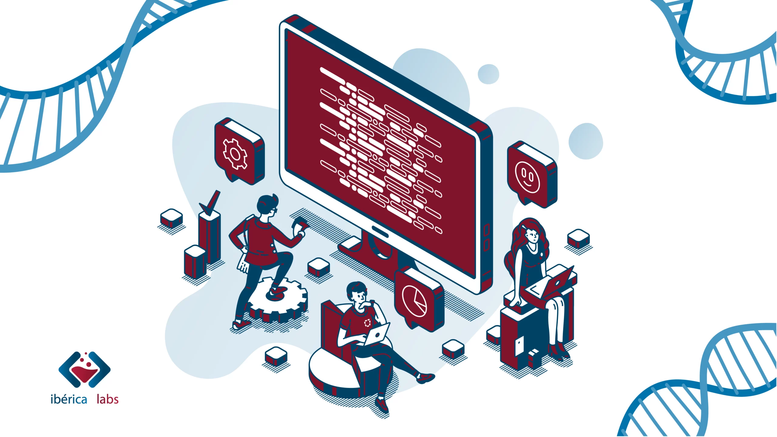Vector illustration of Ibérica Labs logo, lab elements and people working in front of a screen with code.