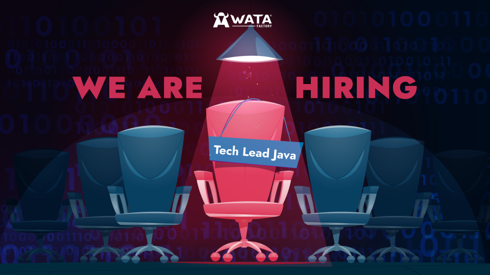 WATA Factory hiring banner showing several office chairs in the dark, with one red chair under a spotlight labeled ‘Tech Lead Java,’ highlighting an open position and inviting candidates to apply.