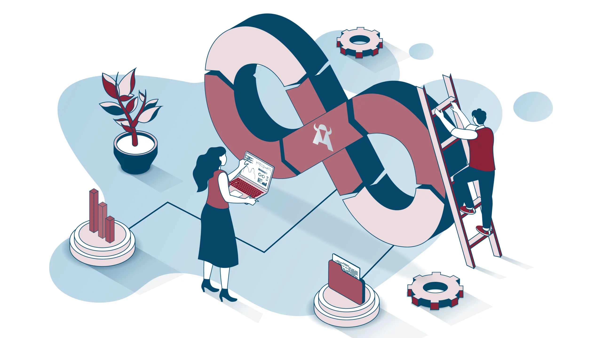 Vector illustration of a DevOps infinity loop with two people working on CI/CD processes and surrounding tech elements.