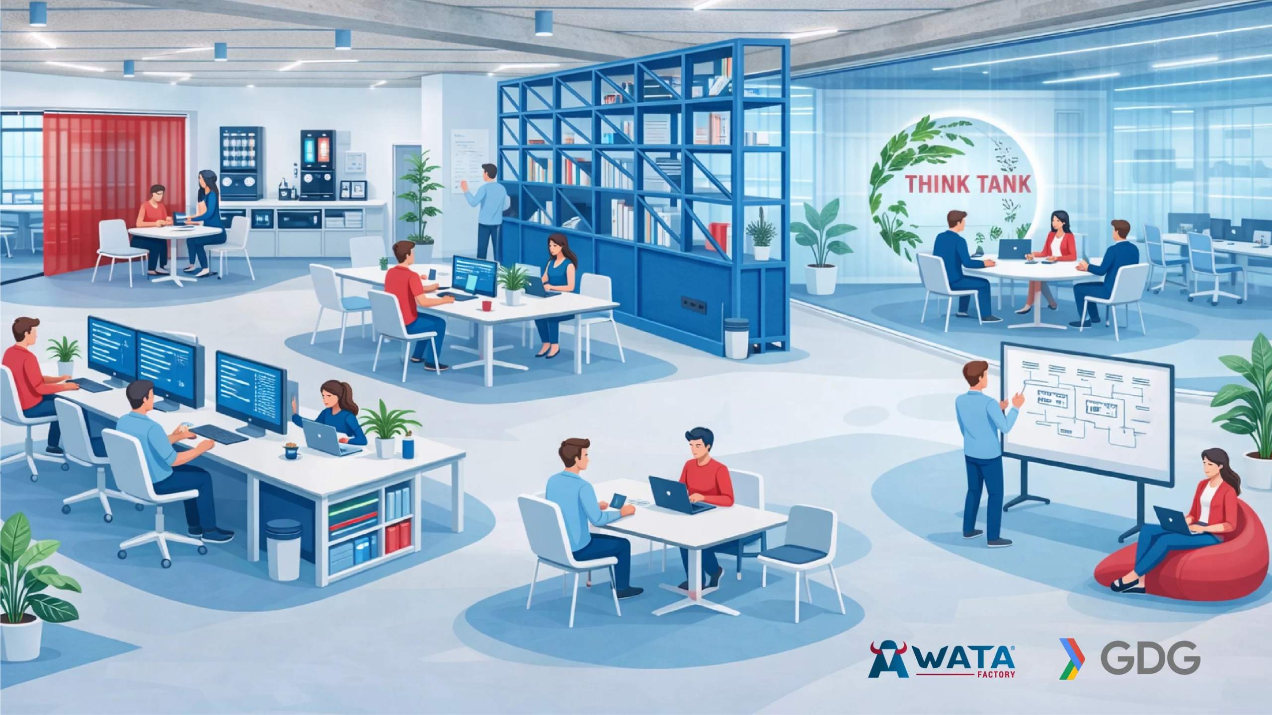 Oficinas de WATA Factory en Jerez con zonas de trabajo, mesas compartidas, área de networking y sala “Think Tank” al fondo, con presencia de los logos de WATA Factory y GDG (Google Developer Group).