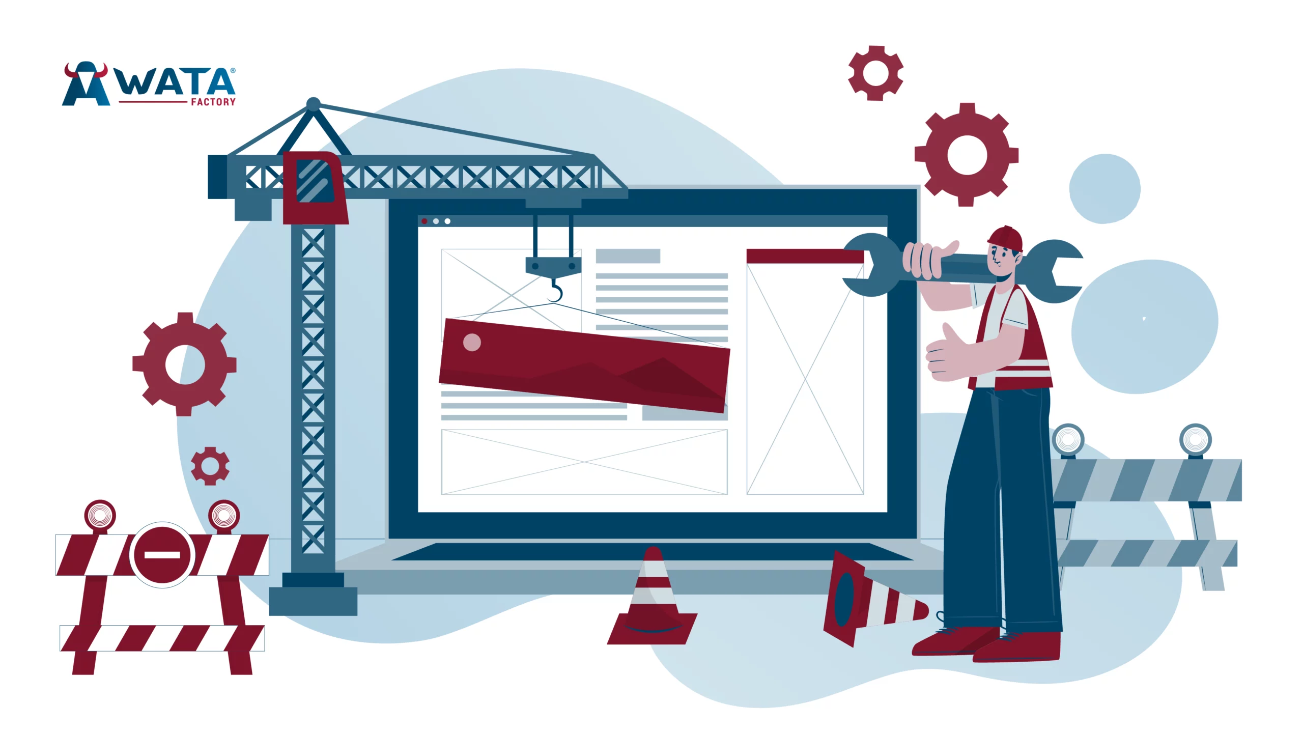 Ilustración de una web en construcción: una grúa y un trabajador con herramientas ajustan una interfaz en pantalla, con señales de obra alrededor.