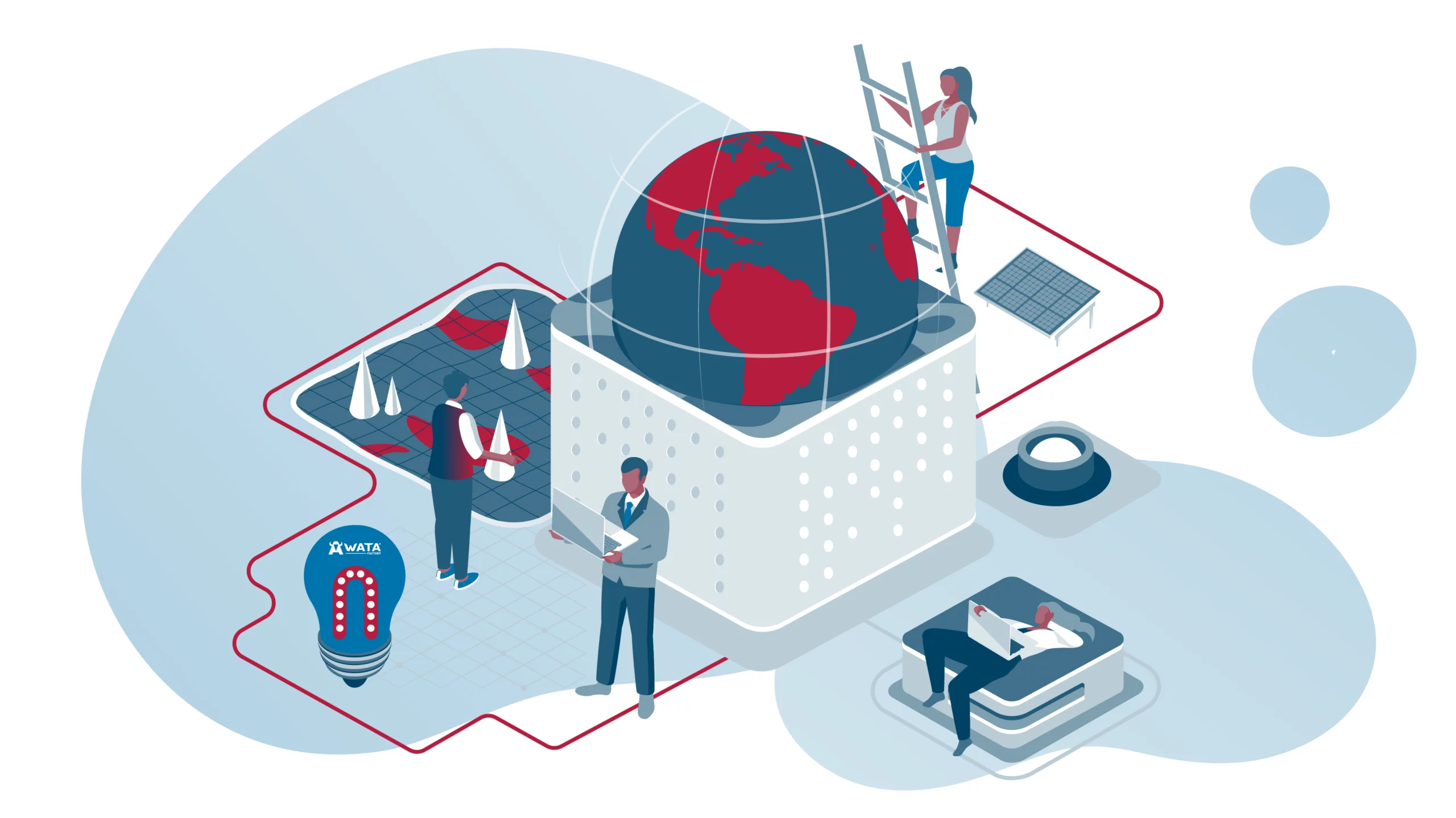 Illustration von Personen, die um einen digitalen Globus zusammenarbeiten – Symbol für die internationalen Technologieprojekte und die weltweite Innovation von WATA Factory.